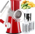 Rotary Cheese Grater with Handle Vegetable Shredder Round Kitchen Slicer Mandoline Grater for Vegetable, Nuts, Chocolate, Cheese, White, 3 Stainless Steel Blades