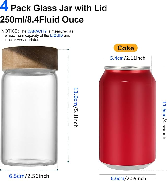 Small Glass Jars with Airtight Lid Clear Coffee Ground Storage Canister Wooden Lid Round Glass Spice Jar for Pantry Sugar Tea Bean Nuts Cookies Bath Salts (4×250ml(8.4oz))
