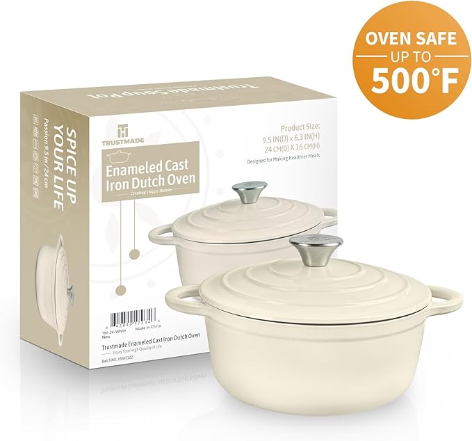 Trustmade 4.5 QT Cast Iron Dutch Oven, Enamel Coated Cookware Pot with Self Basting Lid for Home Baking, Braiser, Cooking, White