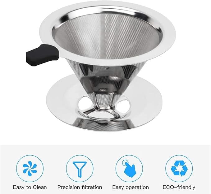 Slow Drip Paperless Coffee Filter, Pour Over Coffee Dripper, Reusable Pour Over Coffee Maker for Single Cup Brew, Double Mesh Design of Stainless Steel Cone Filter, with Clean Brush (1-4 cups)