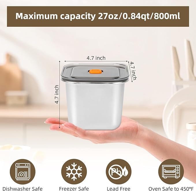 2 PCS Stainless Steel Food Storage Containers(27oz) with Lids Leak Proof & Airtight | Square Stainless steel freezer Containers,For Meal Prep,Fruit,Snack,Freezer