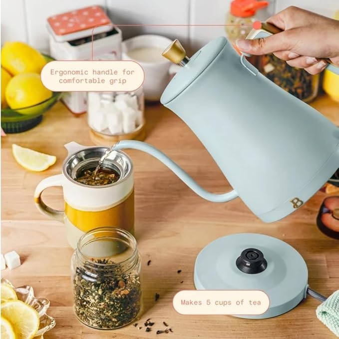 Beautiful 1L Electric Gooseneck Kettle, Precision Pour Spout, 1200W Fast Boil, Auto Shut-Off, Cordless, Stainless Steel, Tea & Coffee Maker with Ergonomic Handle, Matte Finish (Hydrangea)