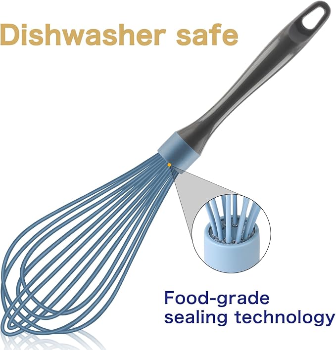 Dishwasher Safe Whisk, Professional Whisks, Stainless Steel & Silicone Wisk, Plastic Rubber Whisk Tool For Nonstick Cookware Pans, Heat Resistant Whisk, Blue, 12*3 inch (L-1-l)