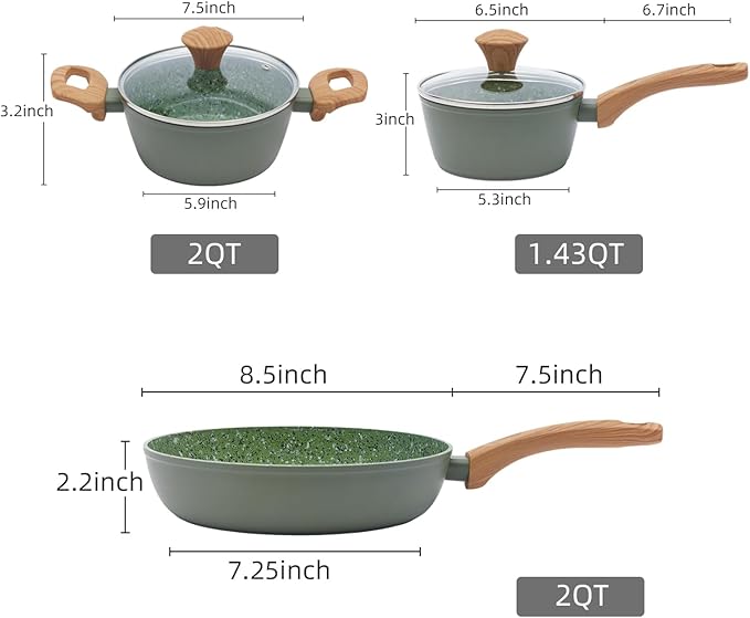 3-Piece Nonstick Pots and Pans Set with Lids, Includes 8.5 Inch Frying Pan 1.5Qt Saucepan and 2.2Qt Stock Pot, PFOA Free Dishwasher Safe Induction Compatible Family Cookware, Green