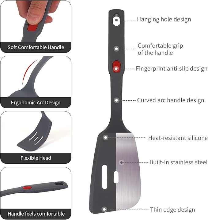 Flexible Silicone Spatula Set For Nonstick Cookware Rubber Silicone Bpa-Free Heat Resistant Heavy Duty Kitchen Turner Large,Slotted Flipper And Small Spatulas For Egg Fish Pancake Cookie (Grey)