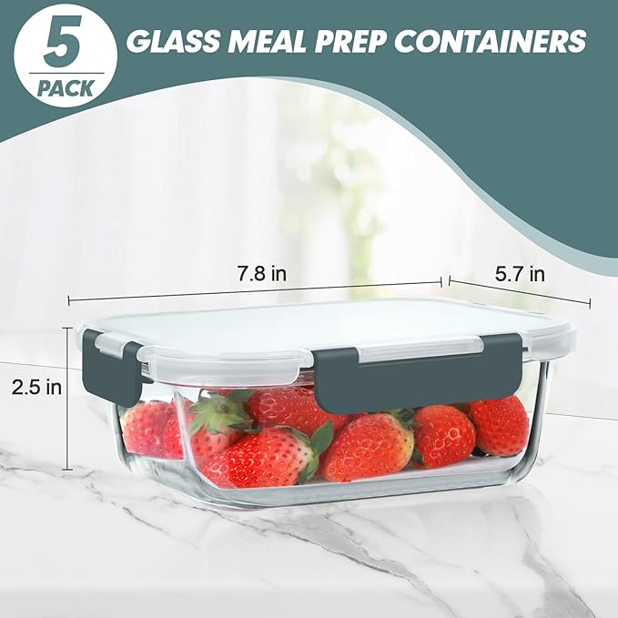 KOMUEE 30 oz 5 Pack Glass Meal Prep Containers, Glass Storage Containers with Lids - Dishwahser, Microwave, Oven and Freezer Safe, Green