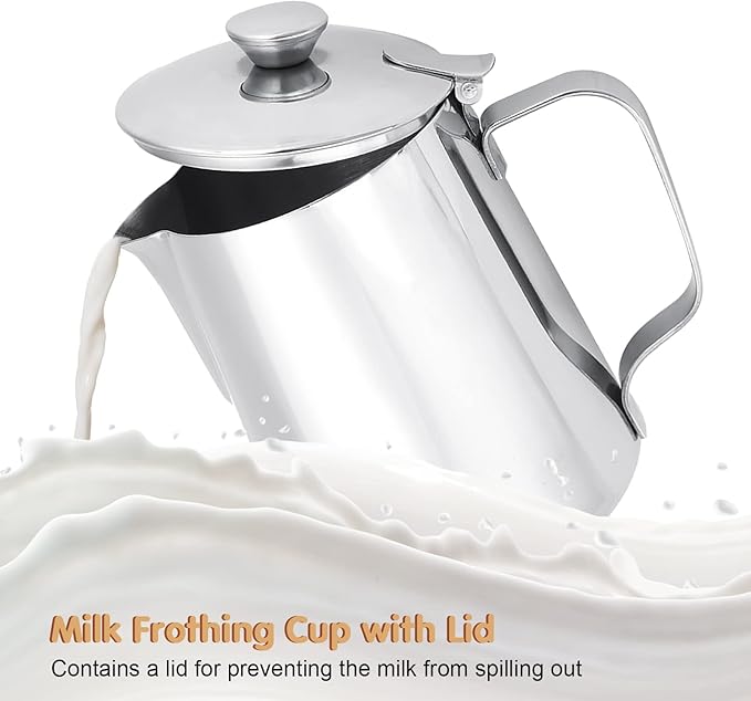 Milk Frothing Pitcher, Stainless Steel Coffee Cup Mug Milk Frothing Pitcher Jug with Lid and Handle Cappuccino Latte Coffee Art for Home Office Kitchen Coffee Shop, Silver(600ml)