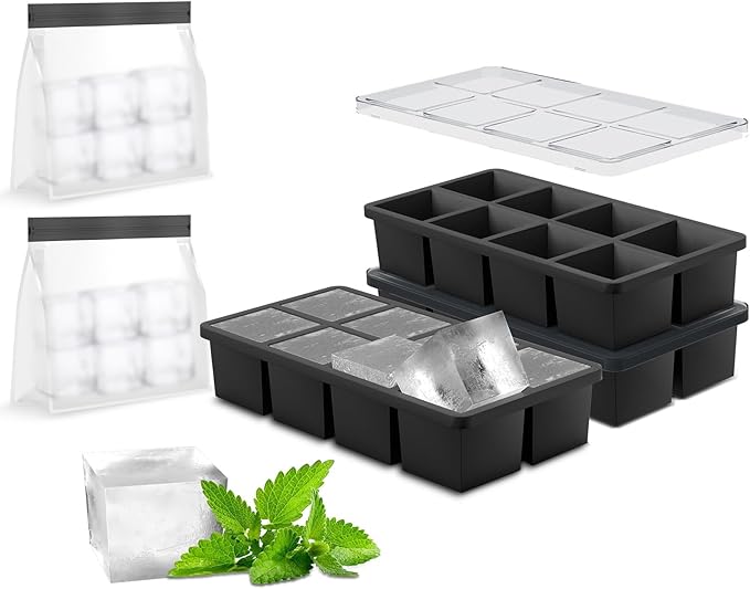 Samuelworld Large Silicone Ice Cube Tray Molds, 3-Pack, Big 2 Inch Cubes - Food Grade, Flexible, 8 Cavity Easy Release Slow Melting Ice for Whiskey, Cocktails, Gifts & Christmas - Black（Ice Bag）