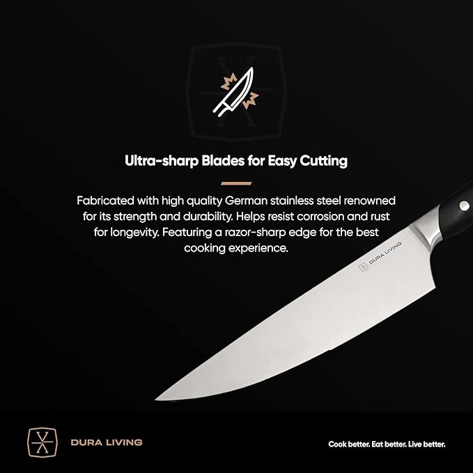DURA LIVING 2-Piece Kitchen Knife Set – Ultra Sharp Precision German Stainless Steel Blades, 5” Utility & 3.5” Paring Knife with Ergonomic Handles, Multipurpose for Slicing & Peeling, Black Handle