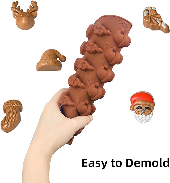 Christmas Candy Molds Silicone Chocolate Mold Christmas Tree Gingerbread Snowman Glove Bell Shape Gummy Mold for Fondant Cupcake Decoration Set of 2(Brown)
