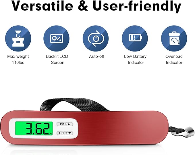 BAGAIL Digital Luggage Scale, 110lbs Hanging Baggage Scale with Backlit LCD Display, Portable Suitcase Weighing Scale, Travel Luggage Weight Scale with Hook, Strong Straps for Travelers