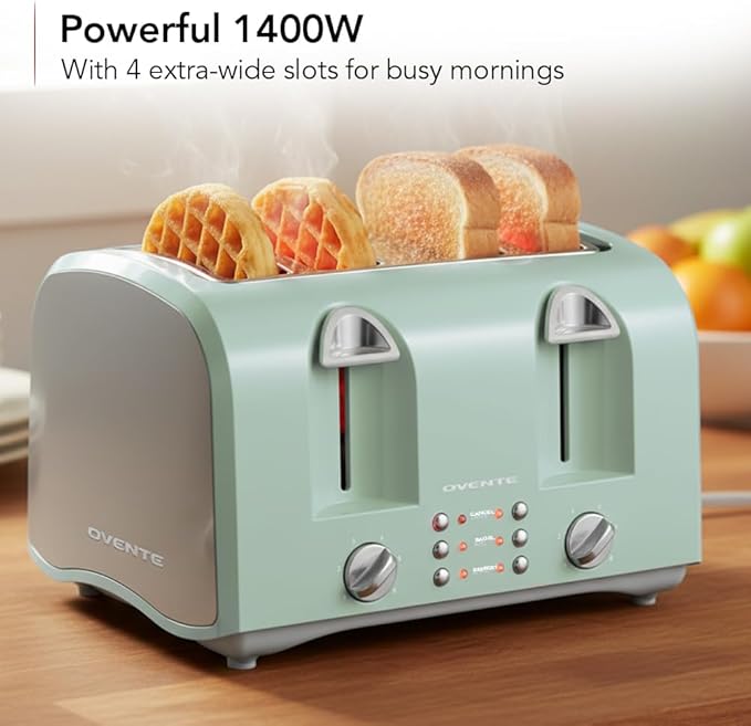 OVENTE Electric 4-Slice Toaster Machine with 6-Shade Selector Setting, Cancel Button, Defrost Function, Crumb Tray, 1400W Power and Wide Slots for Bagels, Waffles and Puff Pastry, TS4410LBL