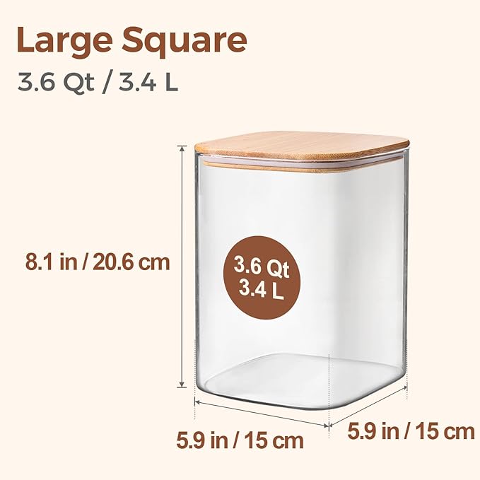 ComSaf 3.6 Qt Glass Food Storage Containers Set of 2, Large Storage Containers with Lids, Square Glass Jars with Lids, for Flour and Sugar, Cereal, Rice, Pasta, Oats, Coffee Beans
