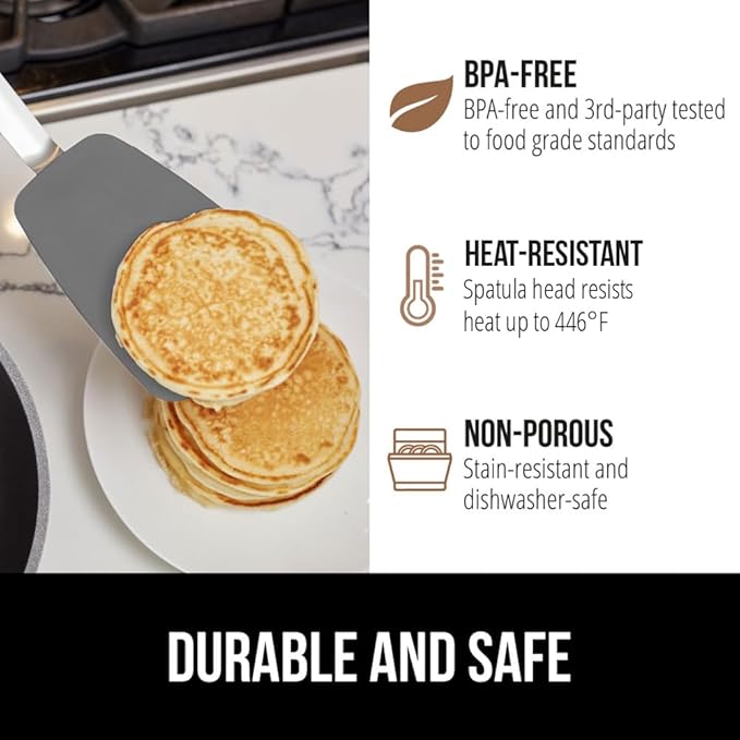 GORILLA GRIP Patented BPA-Free Non-Scratch Spatula, Heat Resistant Flexible Silicone Head for Nonstick Cooking Pans, Soft Rubber Handle, Kitchen Spatulas for Flipping Eggs, Pancakes, 11.6 in, Gray