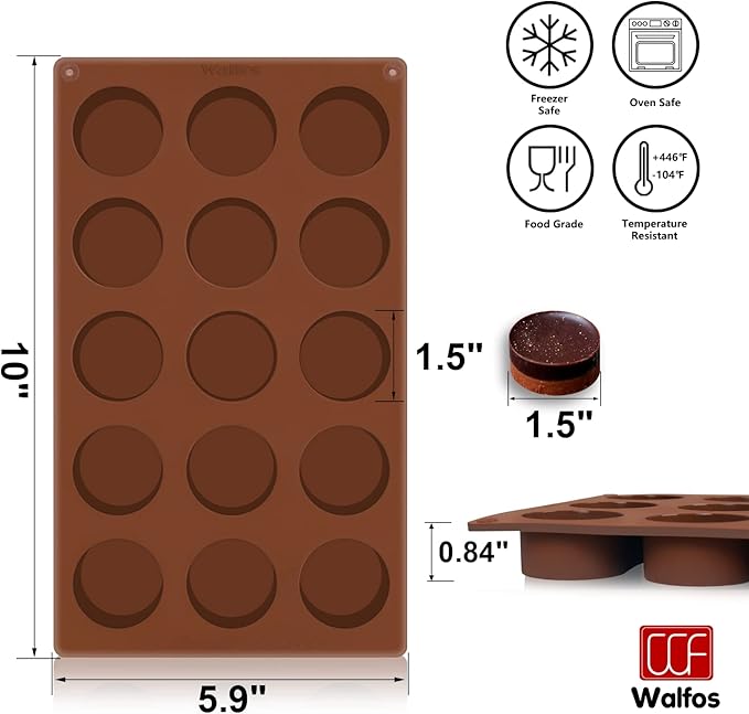 Silicone Fat Bomb Molds, Walfos Silicone Candy Mold, 15 Cavity Round Mold -Perfect for Keto Fat Bomb, Jelly, Dark Chocolate, Mini Peanut Butter Cup, 2 Packs