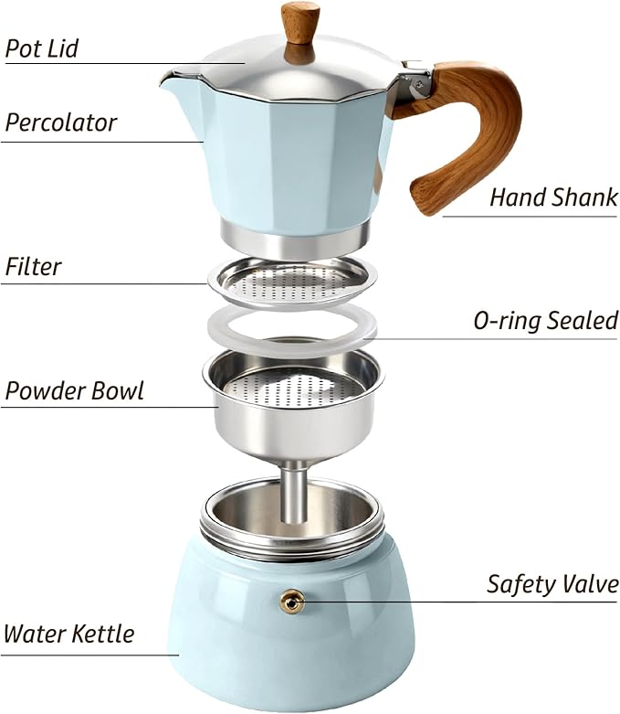AGOGO Milano Moka Pot, Stovetop Espresso Maker, Greca, Coffee Percolator, Turkish Coffee Maker with Paper Filter 6 Cup Lake Blue