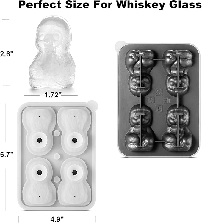 Nax Caki 3D Sloth Ice Cube Mold Fun Shapes, Cute Sloth Gifts for Women, Large Craft Ice Mold, Big Sloth Ice Cube Trays for Whiskey Cocktails Bourbon