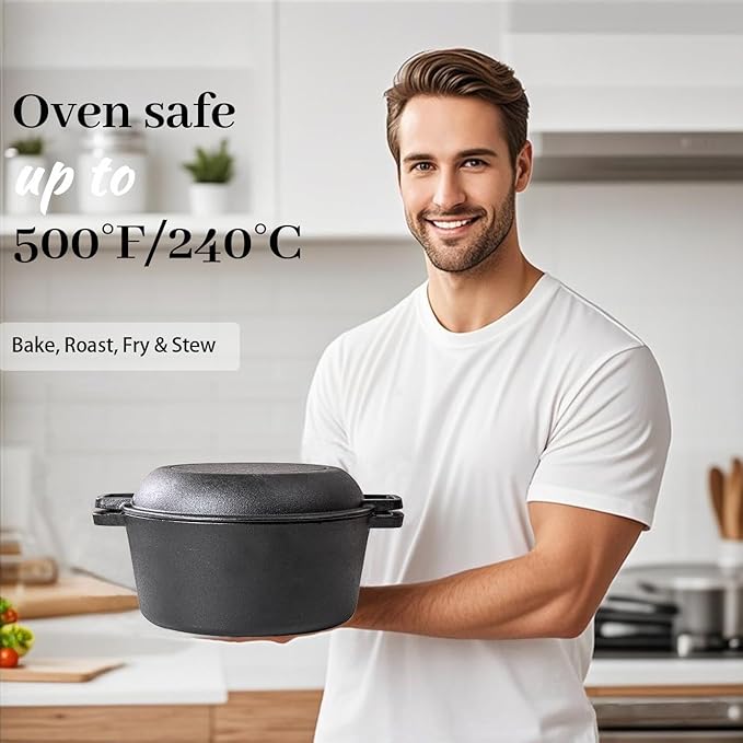 2-in-1 Pre-Seasoned Cast Iron Dutch Oven with Skillet Lid, 10 In Cast Iron Pot & Pan Set for Baking Bread, Frying, Camping, BBQ, Indoor & Outdoor Use
