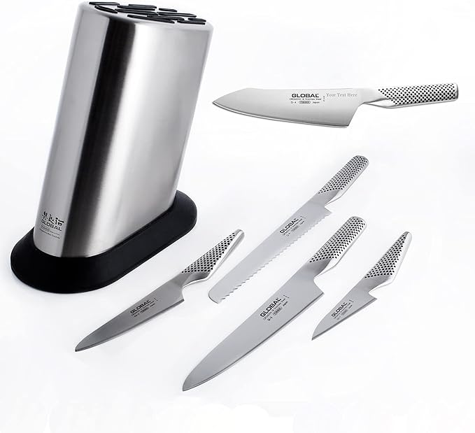 Global G-835/WS-6 Knife Set with Block, 6 Piece, Silver - Custom Engraved, Personalized