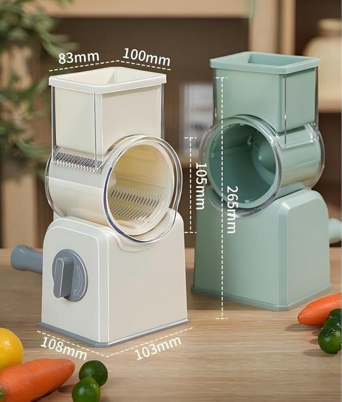 Rotary Cheese Grater with Hand Crank, Multi-Purpose Shredder Slicer with 3 Interchangeable Stainless Steel Blades for Shredding, Slicing, and Grating Cheese, Vegetables, and Fruit (Beige)