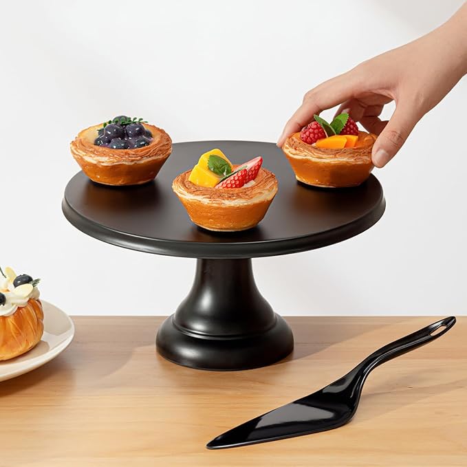 JOYMAY 9.6 Inch Bamboo Fiber Cake Stand, Round Cake Holder, Cake Plate with Detachable Base, Dessert Table Display Set, Cake Decorating for Birthday Party Baking Gifts for 6inch, 8inch Cakes (Black)