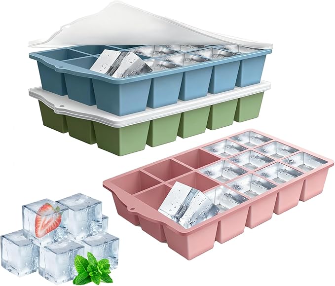 Silicone Ice Cube Tray, 3 Pack Easy-Release Stackable Ice Trays for Freezer with Lid 15 Reusable Cubes, Food Grade BPA Free Ice Molds for Whiskey, Baby Food, Coffee, Cocktail (Blue+Green+Pink)