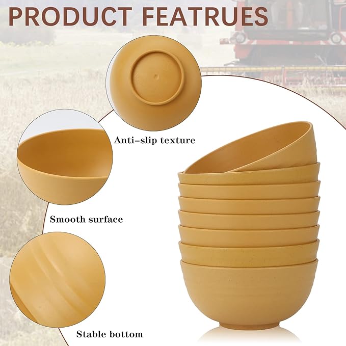 Homienly Unbreakable Cereal Bowls, Wheat Straw Bowl Set 8 PCS, Microwave and Dishwasher Safe Bowl for Soup, Cereal, Salad, Snack, Rice, Reusable Plastic Bowls for Kitchen, RV, Gathering (Yellow,26 OZ)