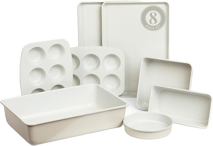 Larder & Vine 8-Piece Bakeware Set | Non-Stick Baking Set with Ceramic Finish | PFAS, PFOA, PTFE, and BPA Free Baking Essentials | Baking Sheets, Muffin Tins and Assorted Baking Pans | French Gray
