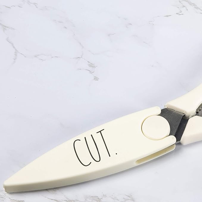 Rae Dunn Kitchen Scissors- Stainless Steel Kitchen Shears, Cooking Scissors for Cutting Meat, Chicken, Herbs and Produce with Blade Cover and Soft Grip Handles(White)