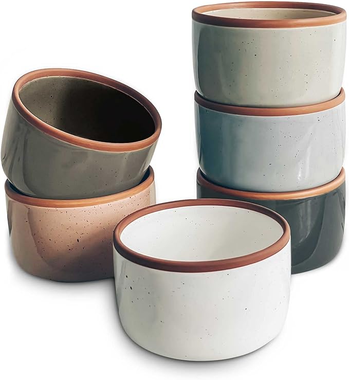 Mora Ceramic Ramekins - 8oz, Set of 6 - Small Oven Safe Baking Dishes/Cups - For Personal Pudding, Creme Brulee, Souffle, Serving Dip, Custard, Ice Cream - Single Mini Bowls - Assorted Neutrals