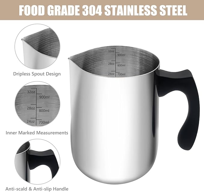 Milk Frothing Pitcher, 32oz Milk Frother Cup 304 Stainless Steel Steaming Pitcher with Art Pen Milk Coffee Jug Cup with Heat-resistant Handle and Scale
