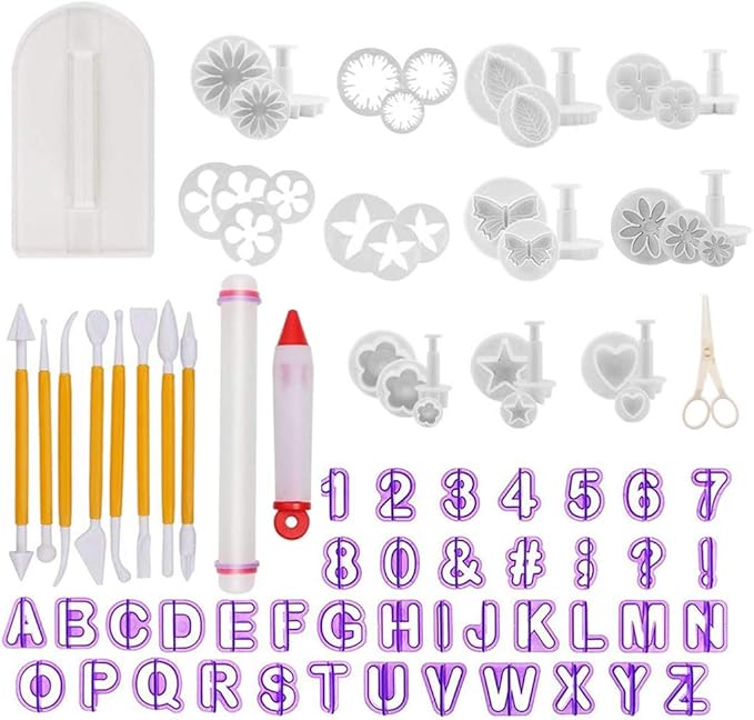Fondant Tools - Fondant Cake Sugarcraft Alphabet Letters Cutters Cake Decorating Tools Cutters Icing Modelling Tool Kit Rolling Pin, Smoother, Embosser Mould Tools,Scissors