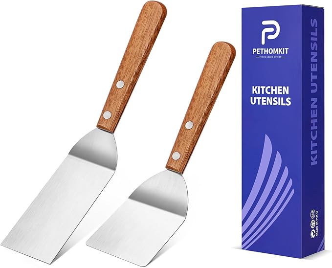 Small Metal Spatula Set,Mini Wooden Spatulas for Kitchen Use,Tiny Griddle Solid Stainless Steel Spatula With Wood Handle for Cake Fish Cookie,Grill Chef Baking Scraper Spatula Turner,2 Pack,Sliver