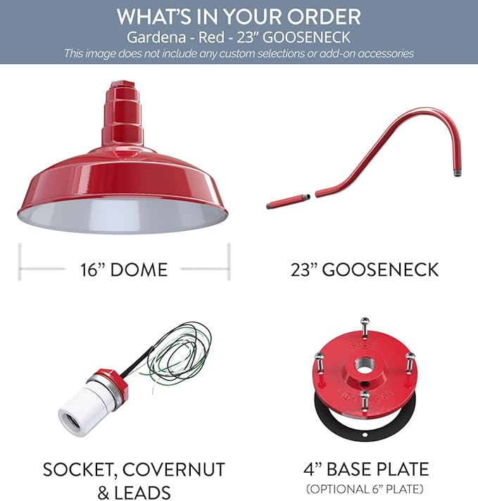 Steel Lighting Co. Gardena Barn Light | Outdoor Wall Mounted | 16" Dome | 23" Gooseneck | Farmhouse Light Made in America | Red Exterior/White Interior