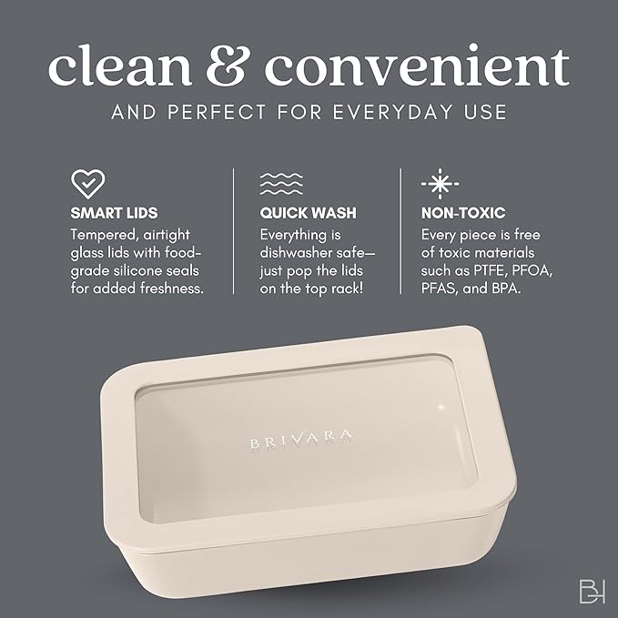 Ceramic Coated Glass Food Storage Container | No PTFE, PFOA, PFAS, and BPA | Reusable Non Toxic Meal Prep Container with Glass Lid | Easy To Store | 8 Cup Square [Crema]