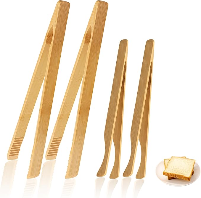 4 Pieces Natural Bamboo Toaster Tongs,Two Bamboo Toast Tongs of different lengths（9.8-Inch & 7.8-Inch),Long Tongs with Anti-slip Design,Heat-Resistant for Cooking and Serving
