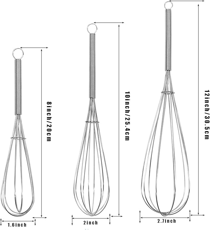 Mini Wire Whisk, 3-Pack - 8, 10 & 12 Inch Small Whisk for Cooking - Ergonomic Spiral Handle, 304 Stainless Steel - Ideal for Whisking, Beating, Blending & Mixing Sauces - Silver