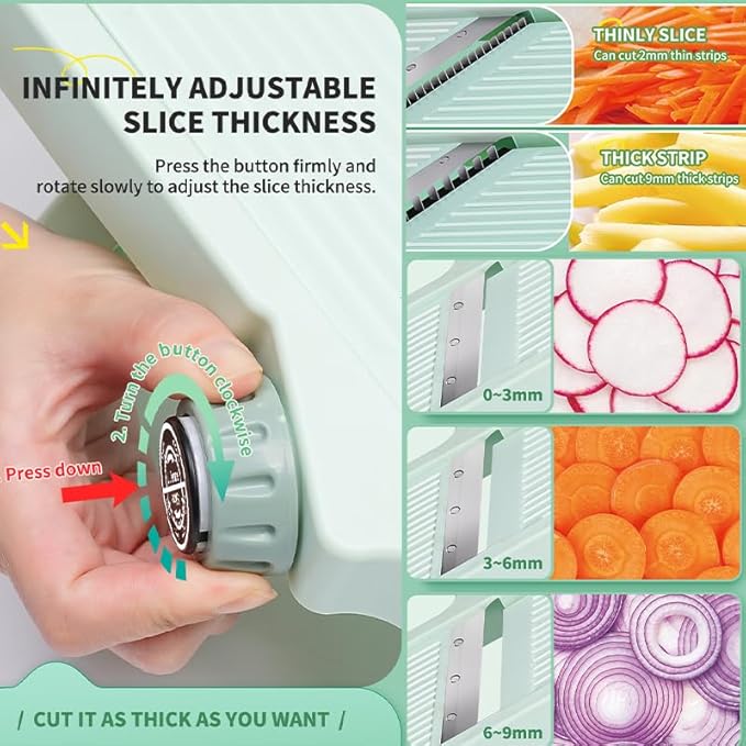 Adjustable Safe Mandoline Slicer for Kitchen, Stainless Steel Multifunction Vegetable & Fruit Cutter, Onion Potato Tomato Cabbage Apple Lemon Slicer Cutter, Multipurpose Veggie Slicer.