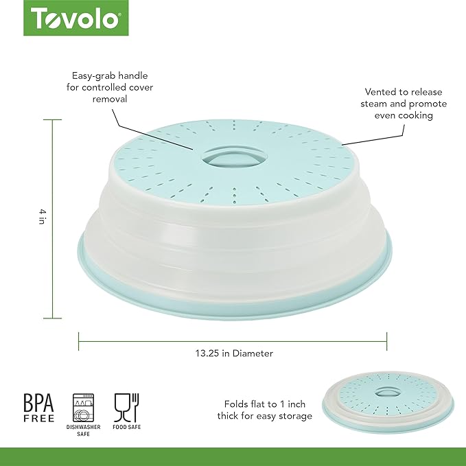 Tovolo Large Microwave Splatter Cover Blue Haze 13 inch Collapsible Silicone Splatter Cover for Extra Large Microwaves, Dishwasher Safe Vented Plate Guard BPA Reheating Cover for Food