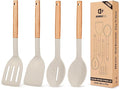 Pack of 4 Silicone Cooking Utensils Set, Non Stick Solid Spatulas and Heat Resistant Slotted Spoons with Wooden Handle, Ideal Wood Kitchen Utensils Set for Frying,Serving,Turning,Stirring (KHAKI)