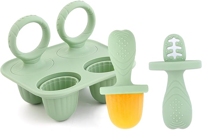 Silicone Baby Ice Pop Molds with Easy-Grip Handles, 4-Cavity Frozen Treat Tray for Toddlers, Mini Popsicle Maker for Teething Relief, Fruit Puree & Breastmilk Snacks (Olive Green)