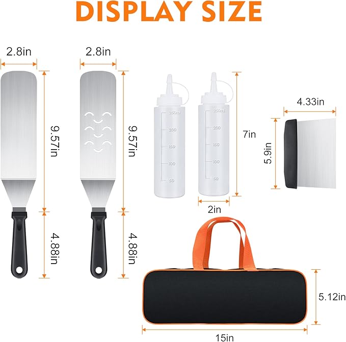 6-Piece Flat Top Griddle Accessories Kit for Blackstone and Camp Chef – Stainless Steel Tools with Carry Bag, Cleaning Brush, and Leak-Free Bottles(6pcs)