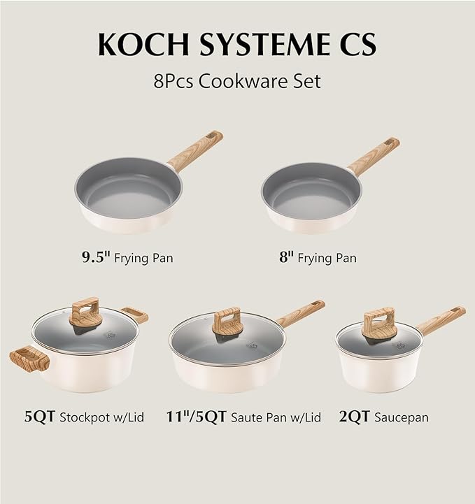 KOCH SYSTEME CS Nonstick Ceramic Cookware Set, 8 Piece Pots and Pans Set with Stay-Cool Handles, Non-toxic Ceramic Kitchen Cooking Set, Induction Compatible Dishwasher Safe, PFAS and PFOA Free, 8pcs