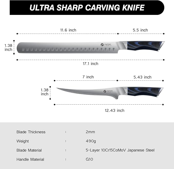 FINTISO Professional BBQ Carving Knife Set, Brisket Slicing and Fillet Knife for Meat Cutting, Japanese High Carbon Steel Slicing Knives with G10 Handle, Full Tang Ultra Sharp Meat Cleaver