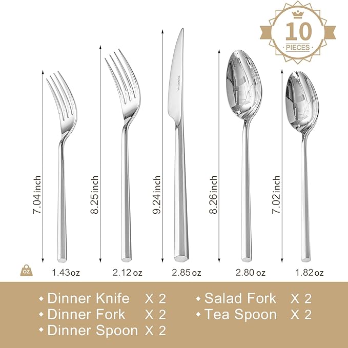 KINGSTONE 10-Piece Silverware Set, 18/10 Stainless Steel Flatware Cutlery Set with Hexagon Handle, for Hotel, Home, Party, Wedding Gift, Mirror Polish and Dishwasher Safe