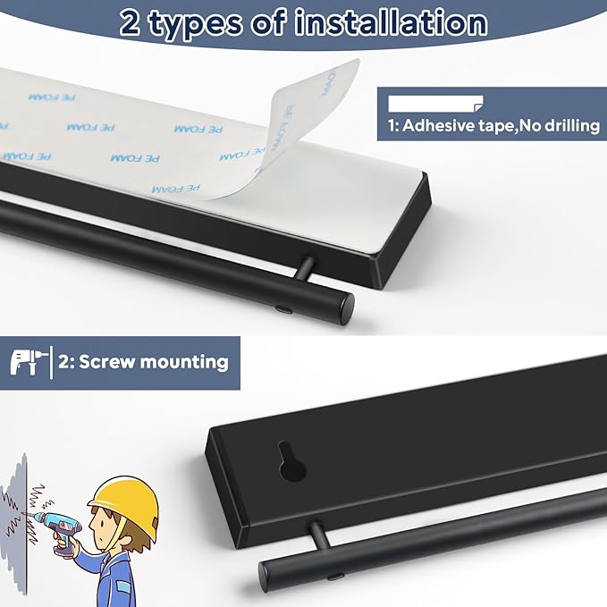 20 inch magnetic knife holder with 10 hooks, No Drilling black knife magnetic strip and utensil hanger for wall, Powerful knife magnet rack include tape and screws