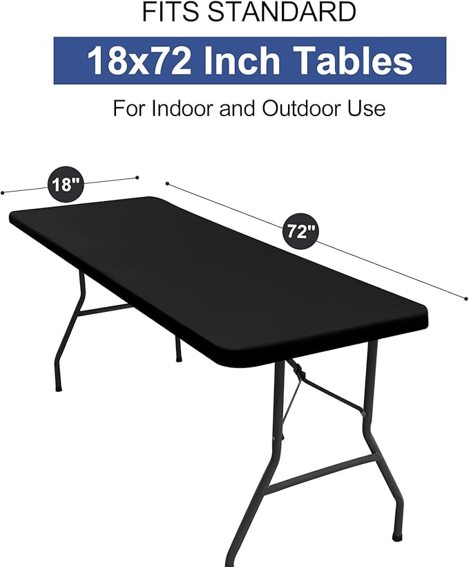 homing Rectangle Table Cloth Cover, Waterproof Polyester Elastic Fitted Tablecloth, Fits for 6 Foot Folding Tables, Washable Table Protector for Picnic, Camping, Outdoor (Black, 18" x 72")