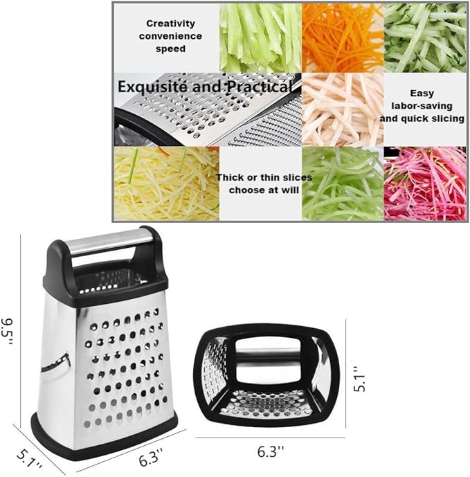 Stainless Steel 4 Sides Grater Slicer with Handle, Multifunctional Cutter Planing for Ginger, Garlic, Cucumbers, Carrots, Cheese, Potato, Ergonomic Design Kitchen Gadgets Accessories（Black）