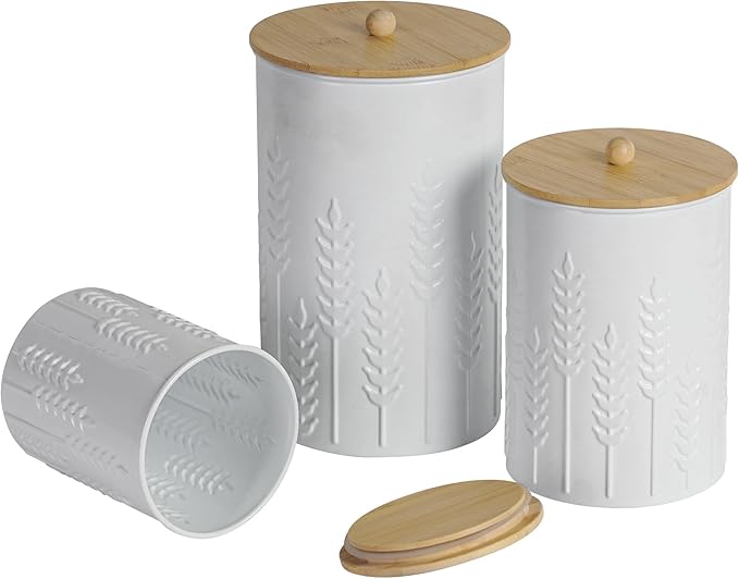 Kitchen Canister Set of 3 Tea Coffee Sugar Containers with Airtight Bamboo Lids Food Flour Storage for Countertop Metal White Ear of Wheat Pattern Embossed Farmhouse Decor