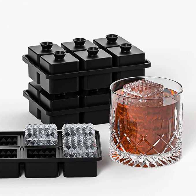 Bangp Large Ice Cube Tray for Whiskey,Perfect Etched Big Ice Cubes, Silicone Ice Cube Mold for Cocktails,Whiskey (Etched Square)